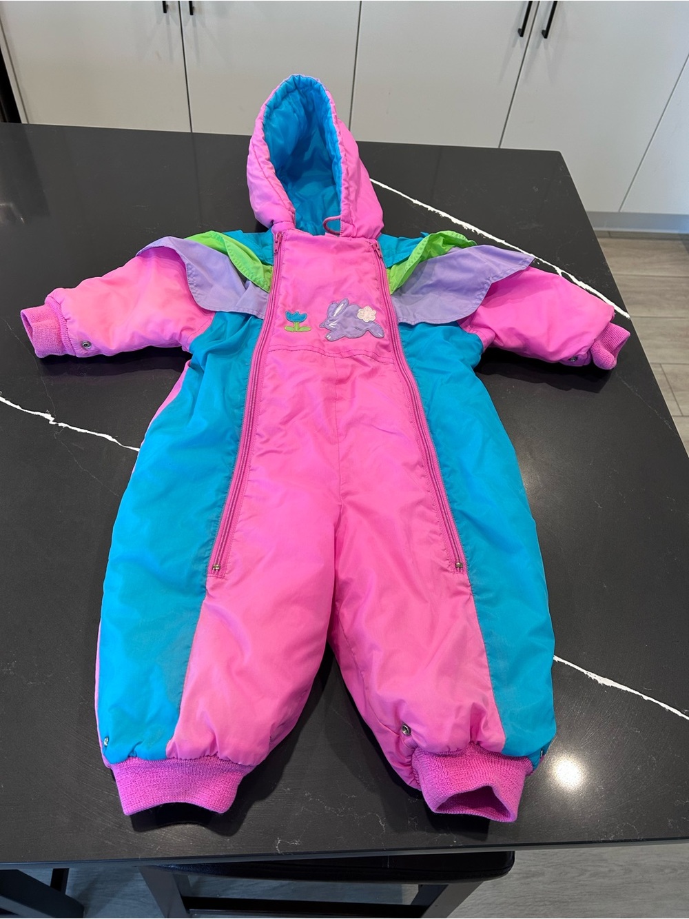 Vintage 80s Little By Little Baby Snowsuit Bright Pink Teal Hooded Retro Neon